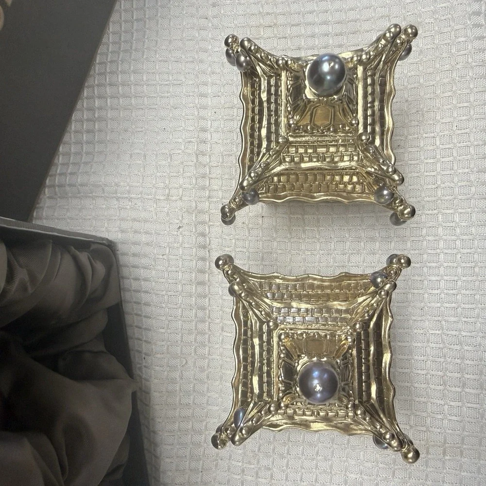 Set 2 L'Objet Pagoda Napkin Jewels Rings Holders 24K Gold Plated Crystals Pearls